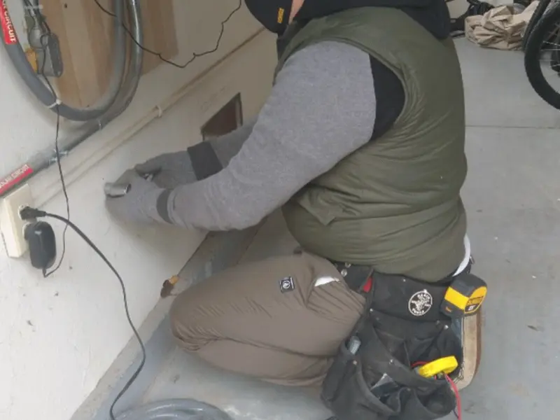 Electrician performing outlet wiring in a Cumru garage